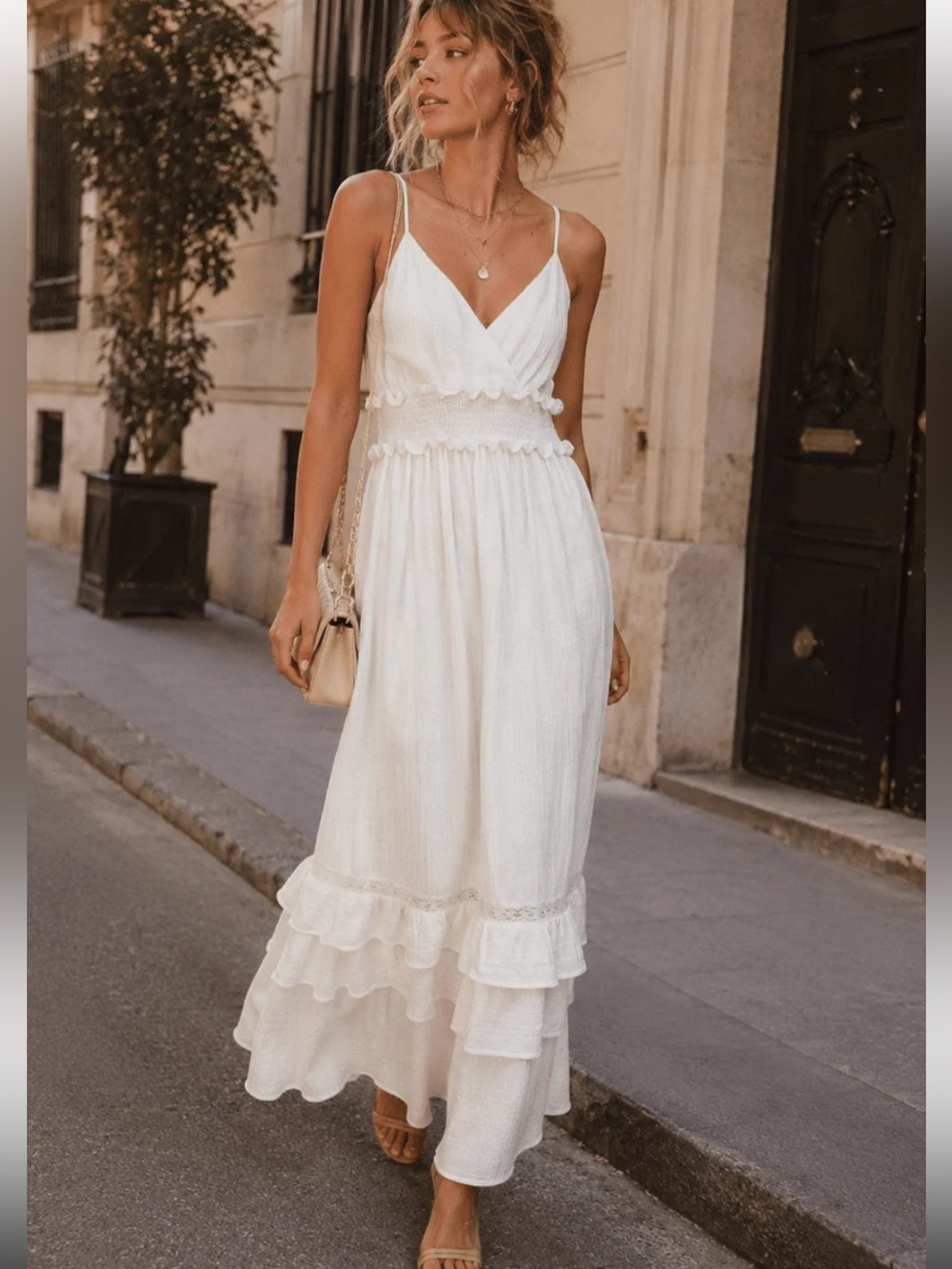 561. Cotton White Tiered Maxi Dress with Smocked Waist